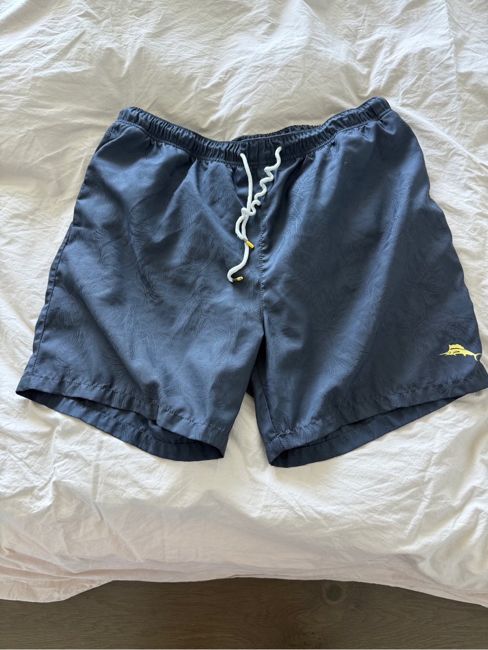 Tommy Bahama Navy Swim Trunks with Yellow Marlin Accent